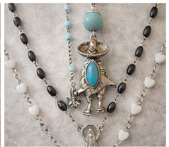 Desert Faith Layered Necklace Set – 4 Vintage Rosary & Southwestern Charm Necklaces with Turquoise, Hearts & Crosses