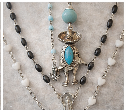 Desert Faith Layered Necklace Set – 4 Vintage Rosary & Southwestern Charm Necklaces with Turquoise, Hearts & Crosses