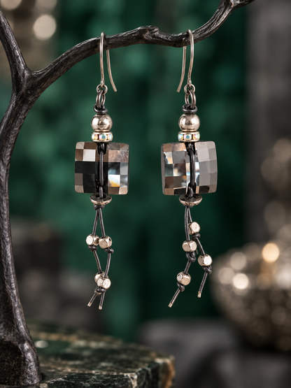 Swarovski Crystal and Knotted Leather Drop Earrings