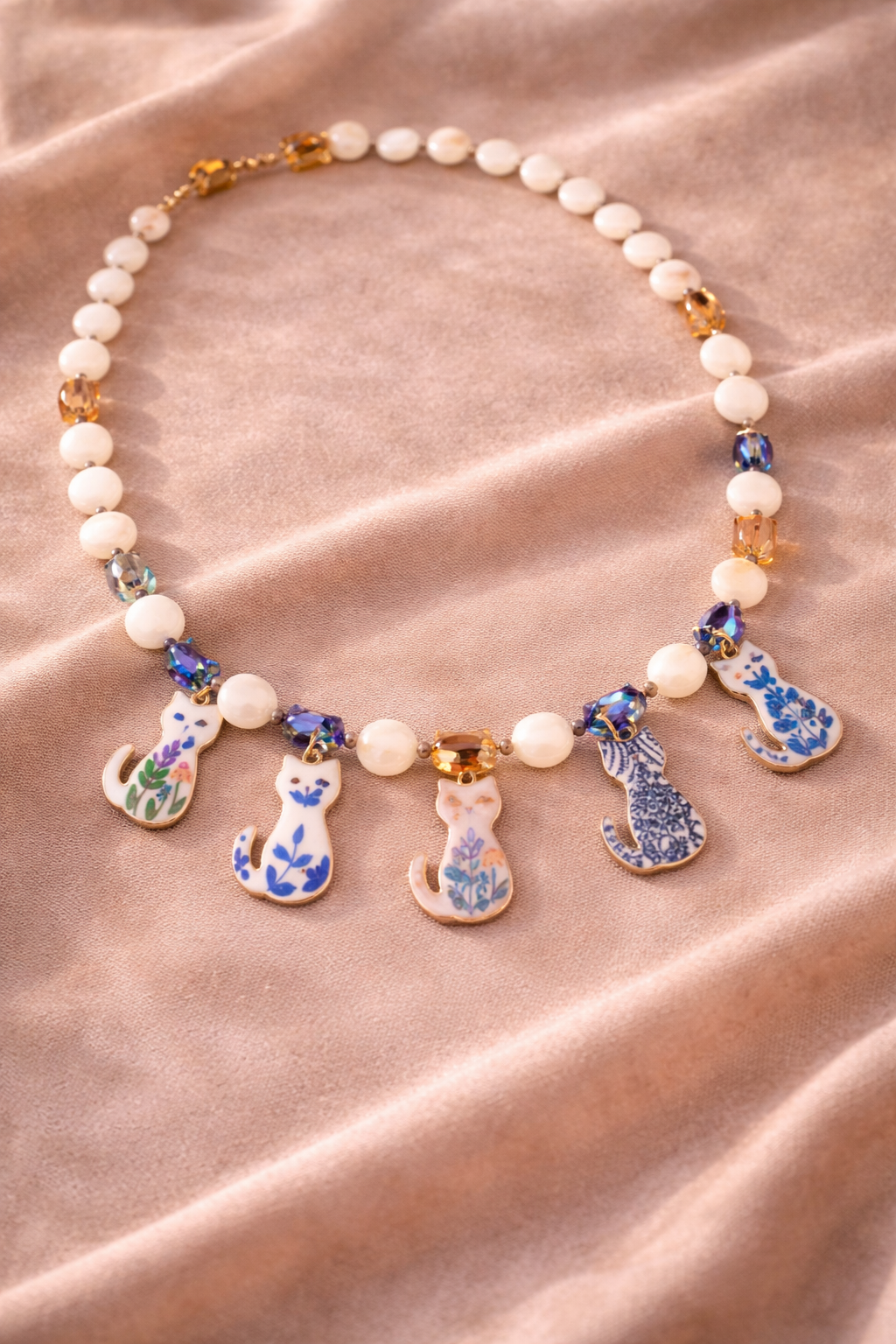 Boho Cat Charm Necklace with Mother of Pearl & Aurora Borealis Crystals – 18” Whimsical Statement