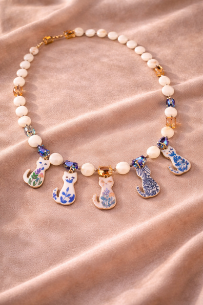 Boho Cat Charm Necklace with Mother of Pearl & Aurora Borealis Crystals – 18” Whimsical Statement