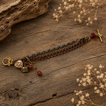 Mixed Metal Charm Bracelet | Antique Gold, Copper & Gunmetal Toggle Bracelet