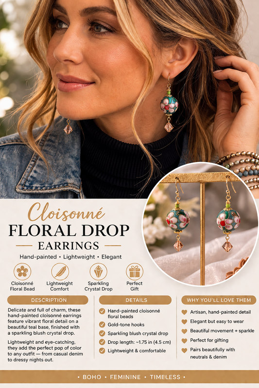 Teal Blossom Cloisonné Drop Earrings – Floral Bead with Crystal Dangle