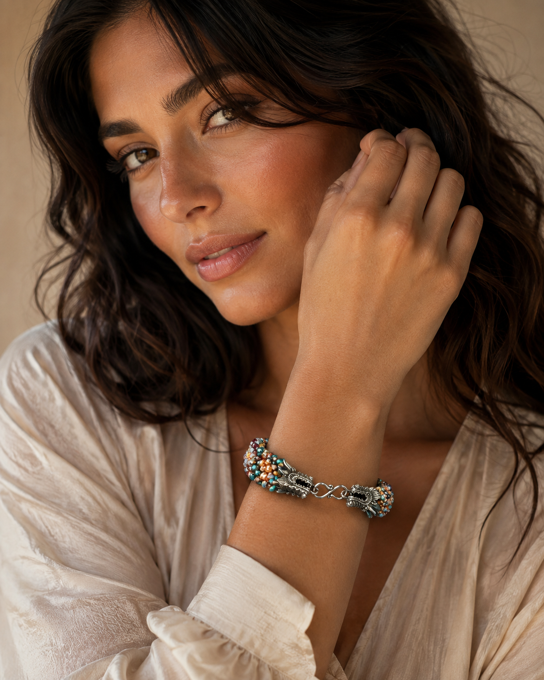 Hand-Beaded Right Angle Weave Bracelet with Crystals, Pearls & Dragon Clasp