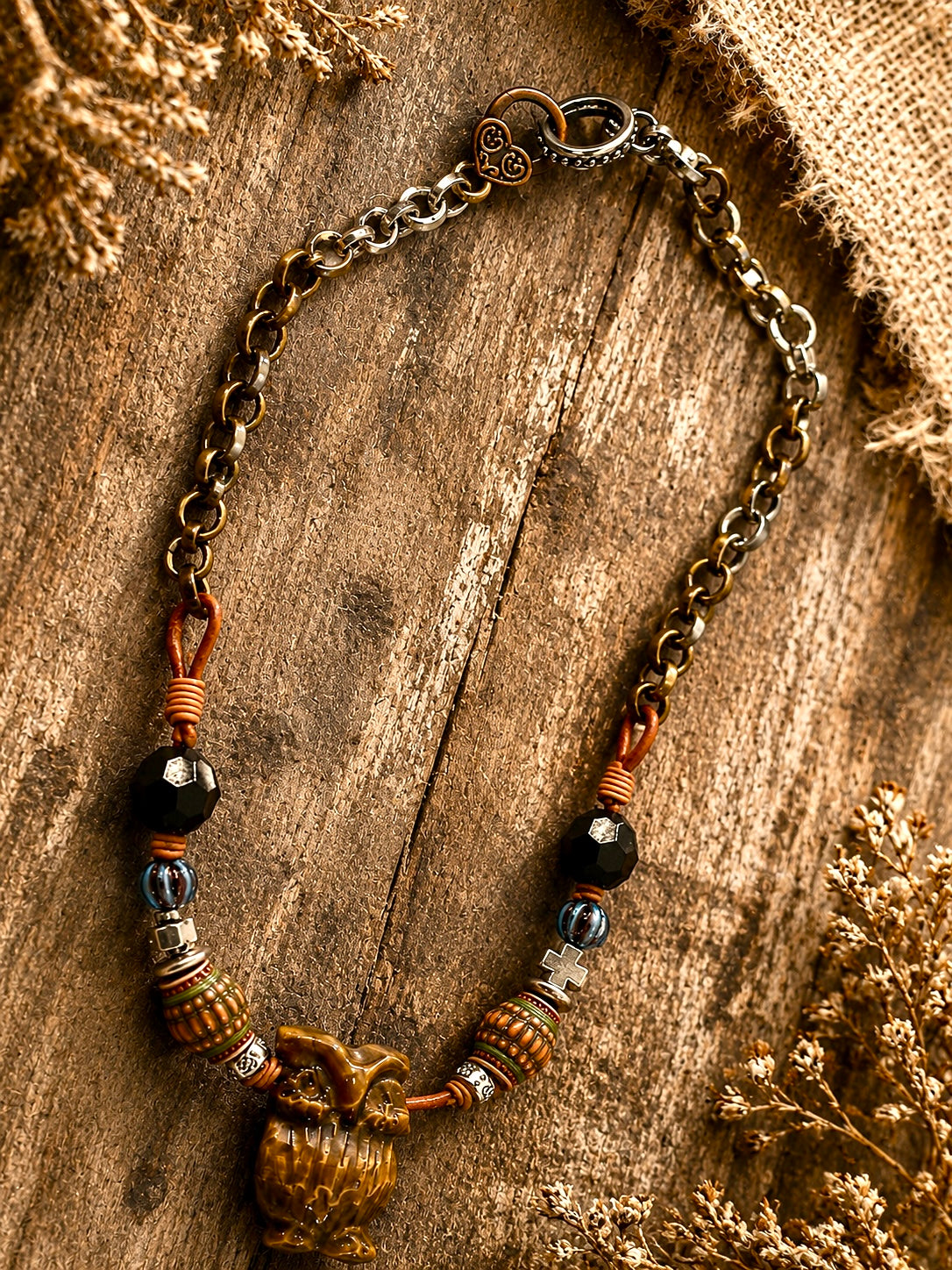 Tiger Eye Owl Pendant Necklace | Handmade Leather, Mixed Metal & Artisan Beads | 18”