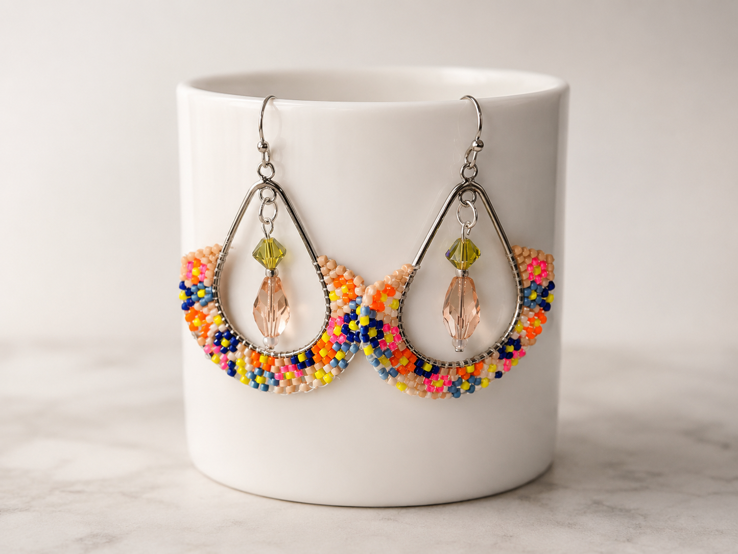 Colorful Hand Beaded Hoop Earrings with Swarovski Crystal Drops | Artisan Delica Seed Bead Jewelry