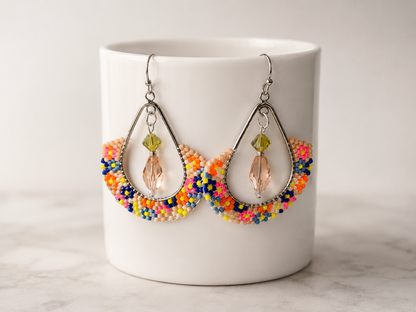 Colorful Hand Beaded Hoop Earrings with Swarovski Crystal Drops | Artisan Delica Seed Bead Jewelry