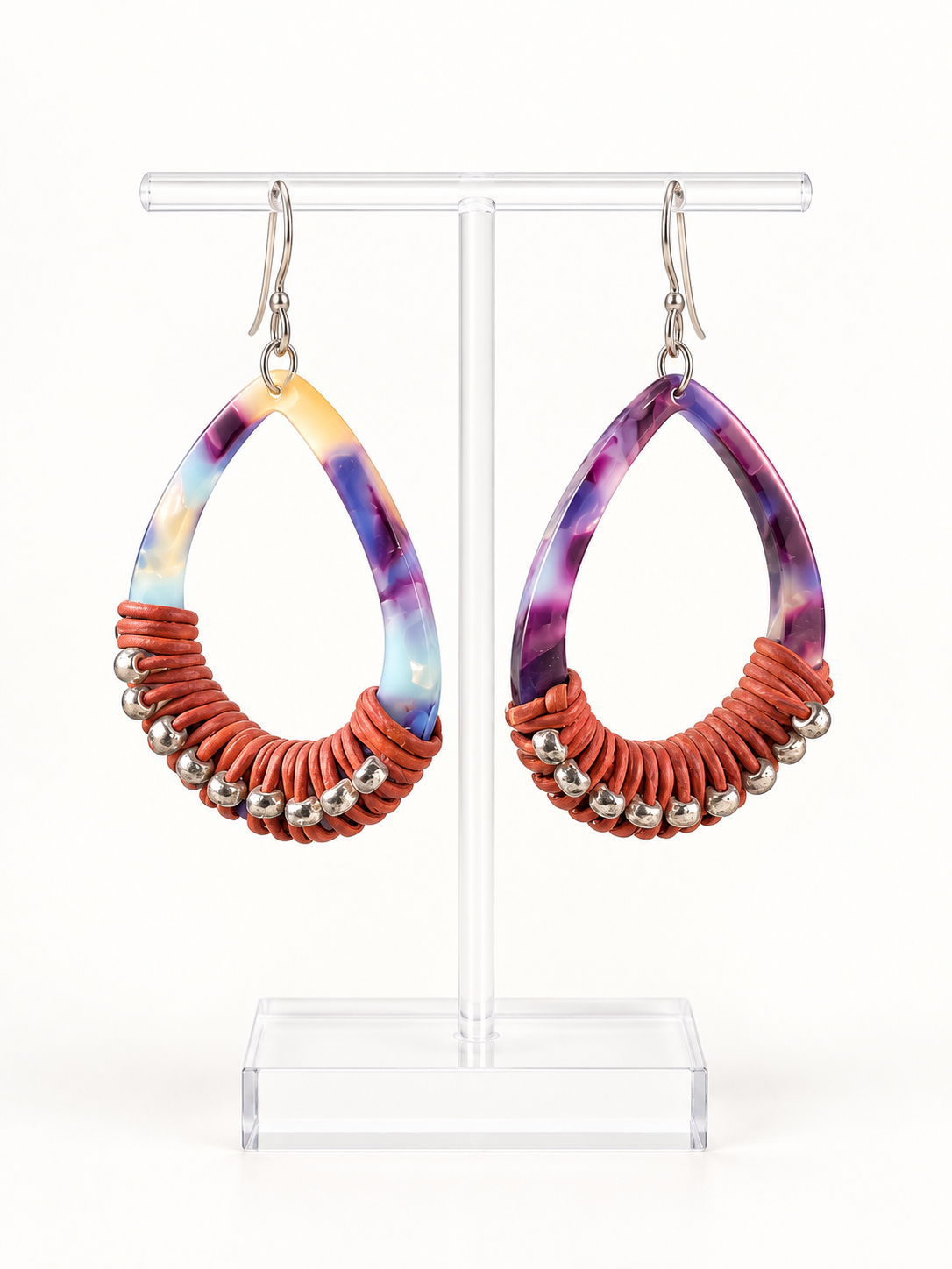 Marbled Resin, Leather and Silver Bead Drop Earrings