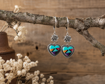 Southwestern Heart Dangle Earrings – Silver-Plated with Colorful Resin Inlay