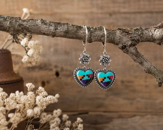 Southwestern Heart Dangle Earrings – Silver-Plated with Colorful Resin Inlay