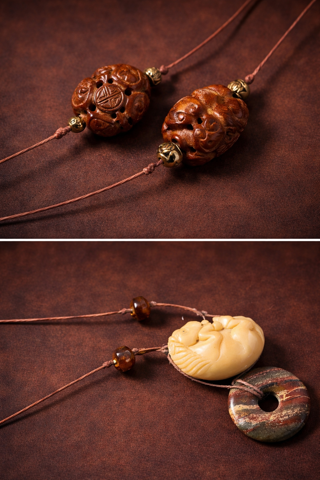 Carved Bodhi Seed & Sleeping Horse Pendant Necklace on Leather – Artisan Boho Statement Necklace