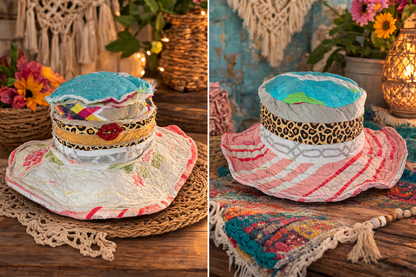 Dorothy Jean Reversible Patchwork Boho Hat with Rhinestone Lips Pin – Wired Brim, Size Large (23”)