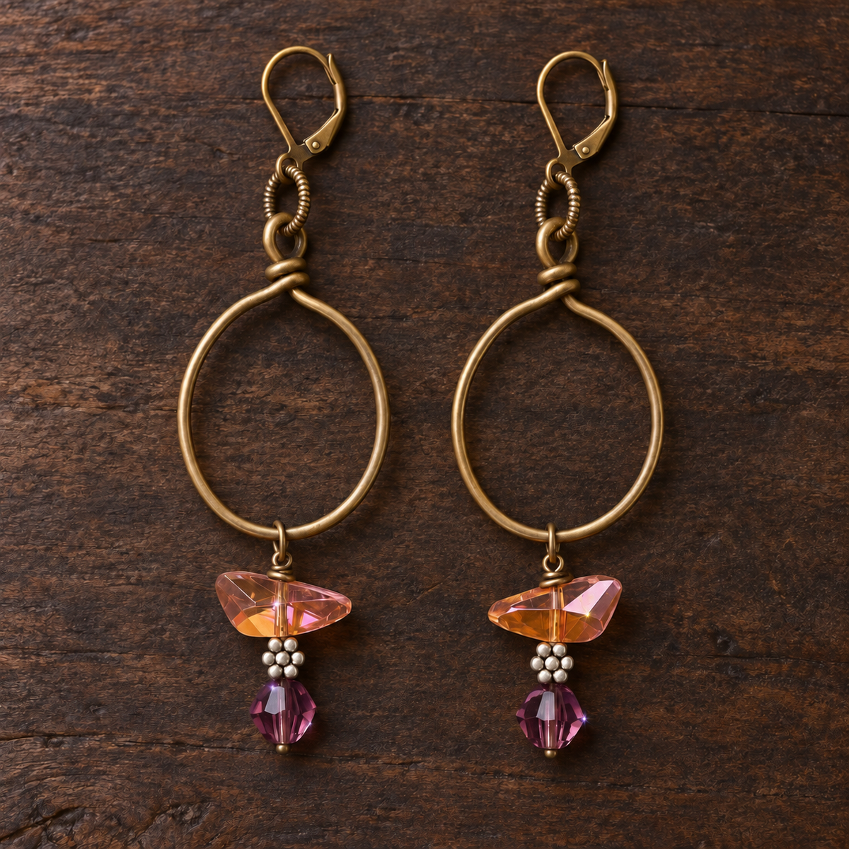 Peach & Plum Swarovski Crystal Bronze Hoop Earrings