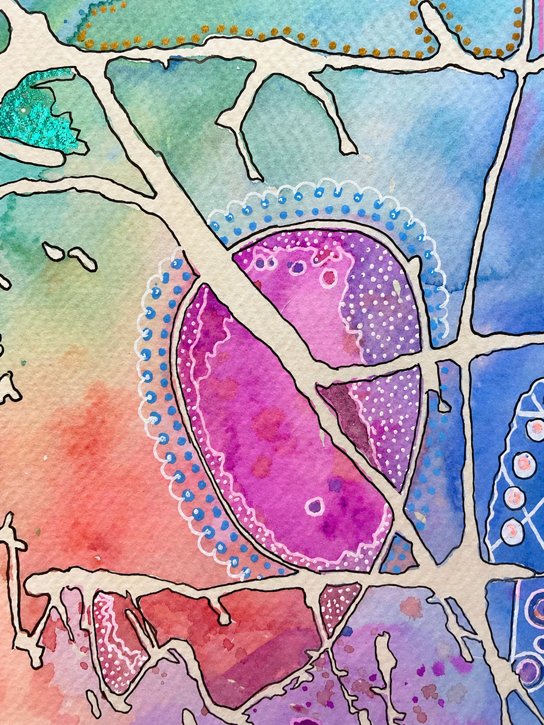 Where Color Finds It's Way - Original Watercolor & Pen Painting, 14" x 19" framed