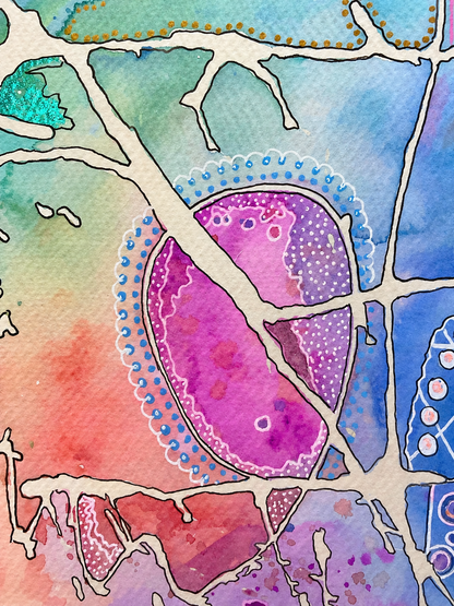 Where Color Finds It's Way - Original Watercolor & Pen Painting, 14" x 19" framed