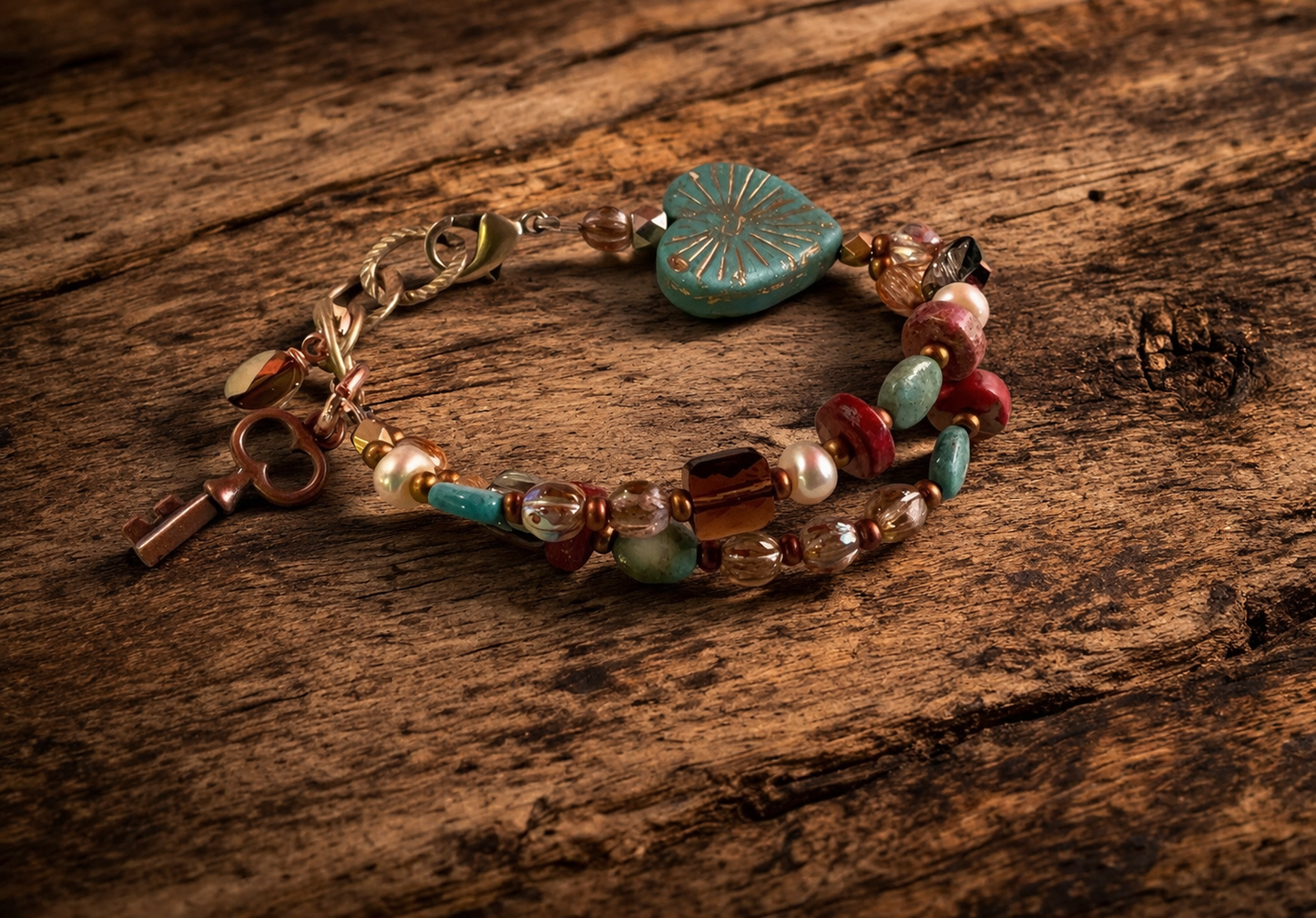 Bohemian Heart & Key Bracelet – Czech Glass, Pearls & Austrian Crystal Charm