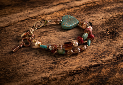 Bohemian Heart & Key Bracelet – Czech Glass, Pearls & Austrian Crystal Charm