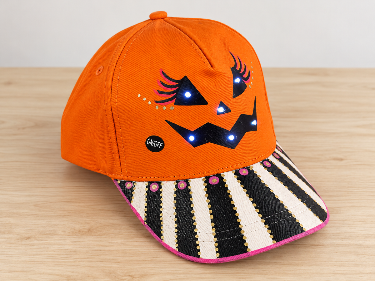 Hand-Painted Pumpkin Baseball Hats – Adjustable with Strobe & Solid Lights!