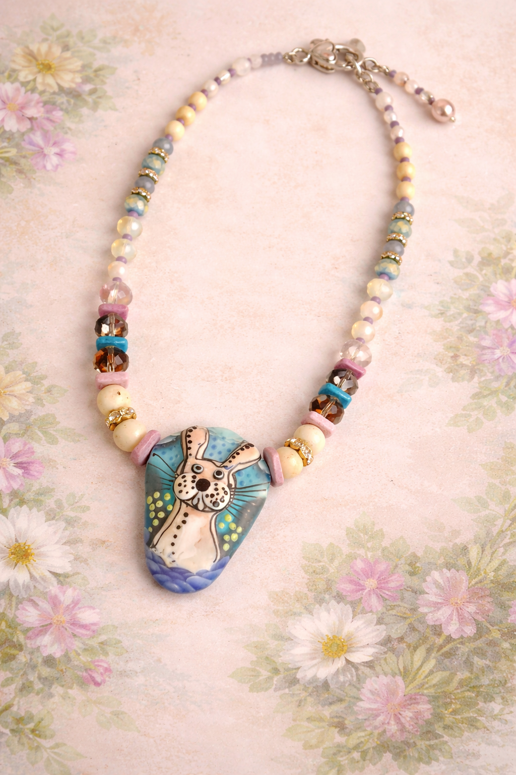 “Double-Sided Bunny Glass Pendant Necklace – Jasper & Austrian Crystal, Artisan 16” Necklace”