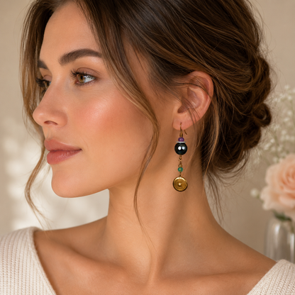 Handmade Mixed Metal Earrings with Vintage Brass Buttons & Faceted Crystal Beads