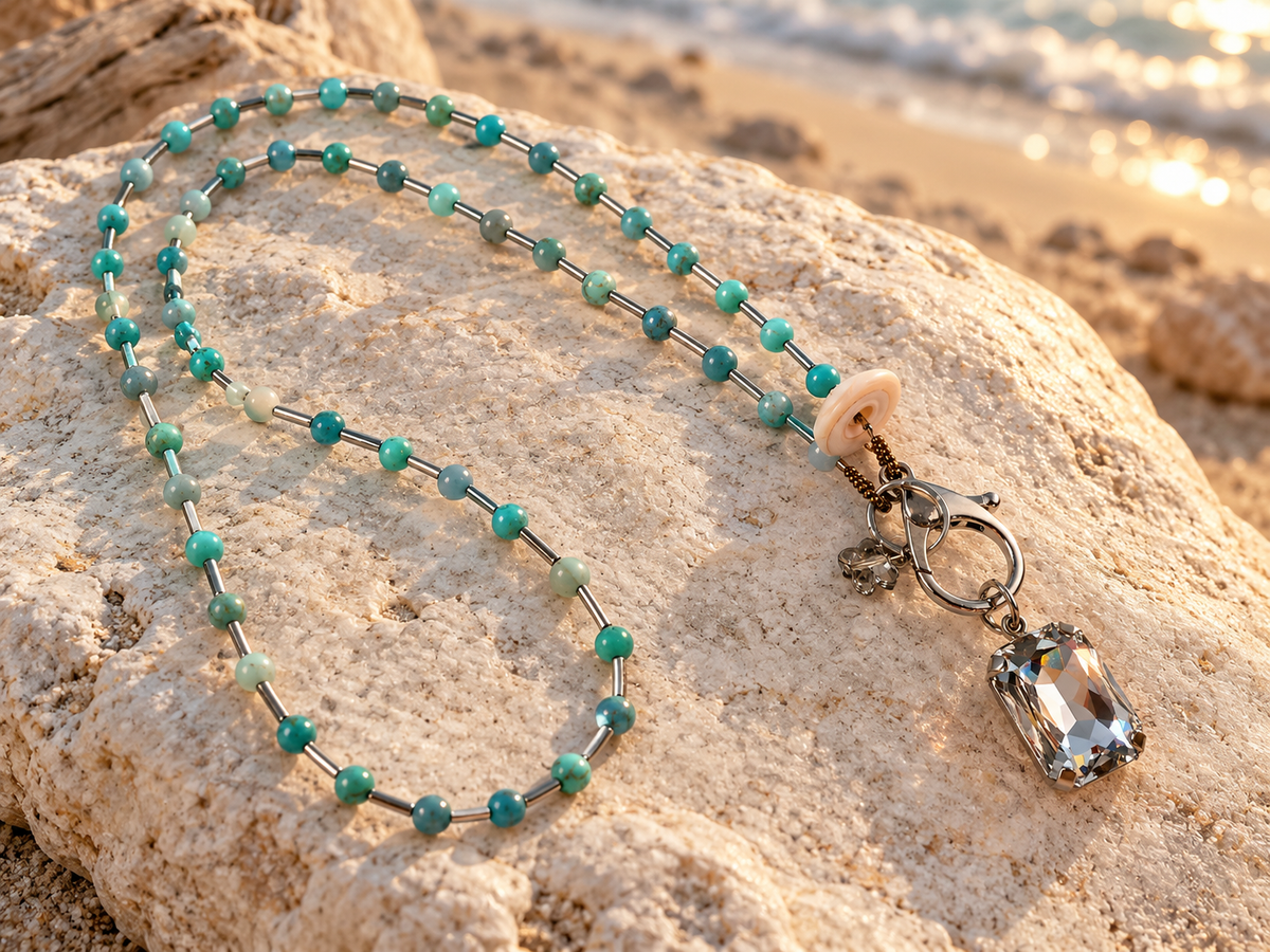 32-Inch Turquoise Jasper Necklace with Seashell, Swarovski Butterfly & Removable Rhinestone Pendant
