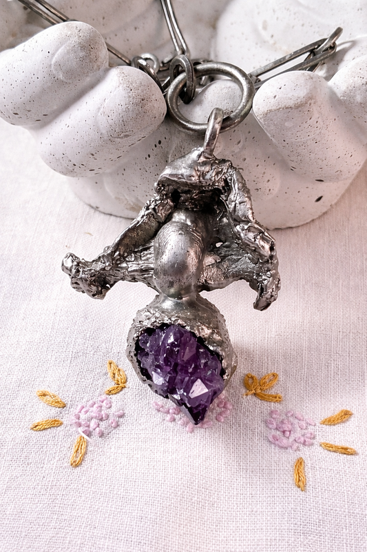 Vintage Danish Modern Brutalist Amethyst Necklace – Lysgards Design Pewter Pendant on Handmade Chain