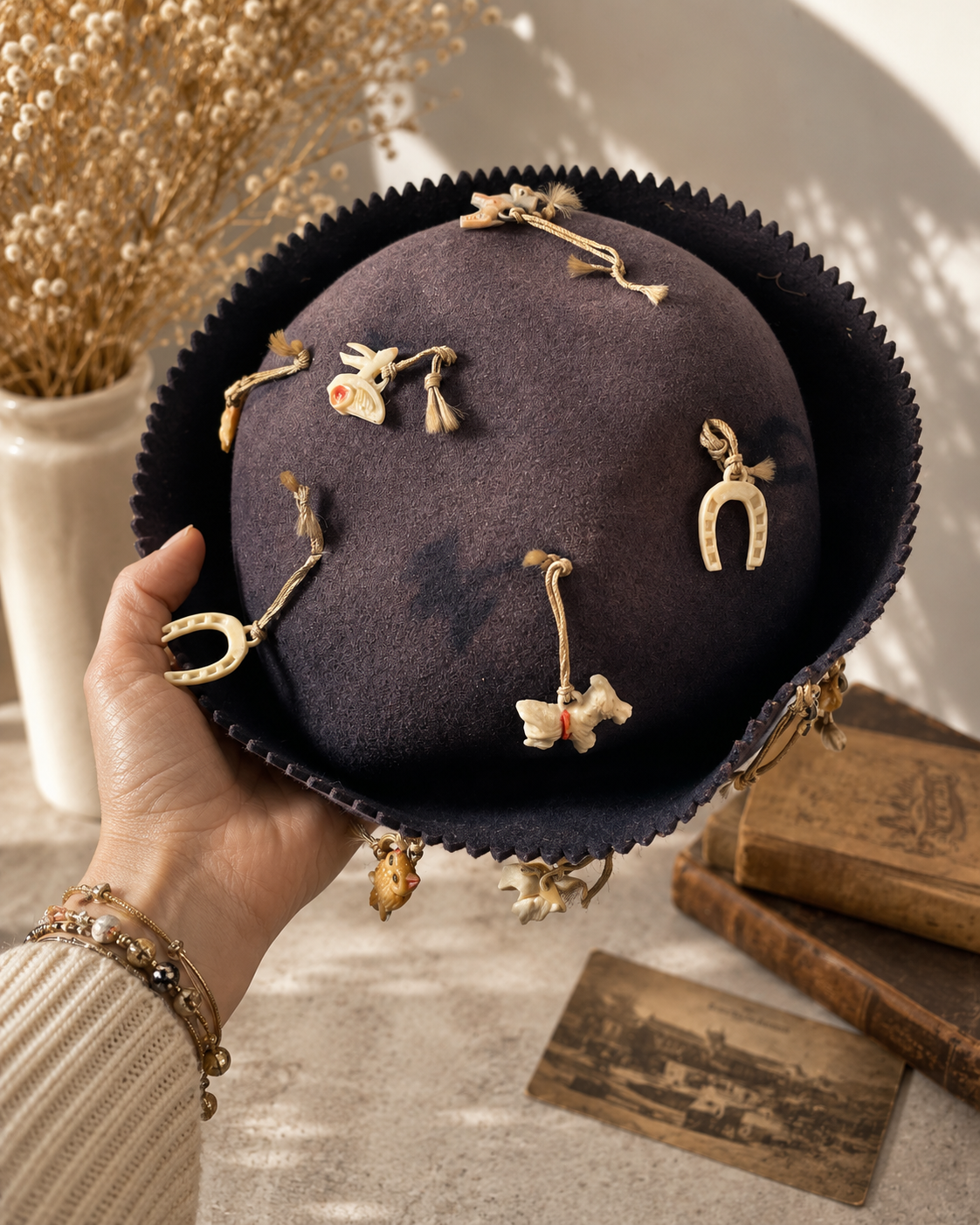 Vintage Souvenir Charm Beanie with 17 Hand-Carved Travel Charms | Fabulous Firefly