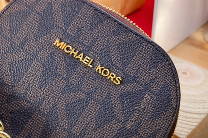 Michael Kors Jet Set Mini Crossbody Phone Bag – Brown MK Monogram with Gold Chain