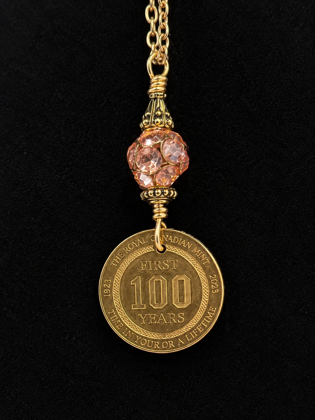 Vintage Waseca Centennial Souvenir Coin Necklace | Gold Tone Lariat Necklace with Crystal Accent