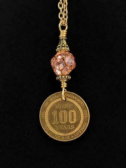 Vintage Waseca Centennial Souvenir Coin Necklace | Gold Tone Lariat Necklace with Crystal Accent