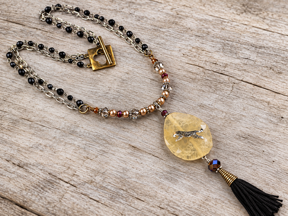 Golden Stone Leopard Pendant Necklace with Swarovski Pearls & Black Tassel