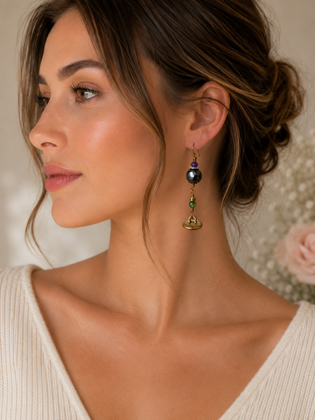 Handmade Mixed Metal Earrings with Vintage Brass Buttons & Faceted Crystal Beads