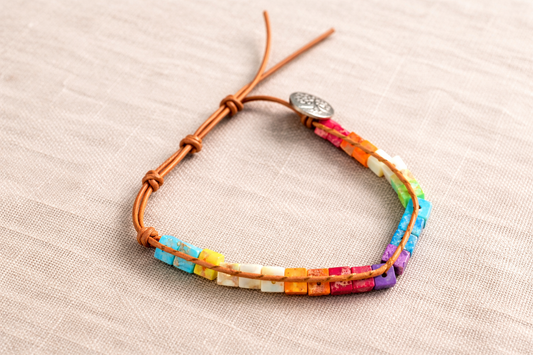 Rainbow Jasper Cube Bracelet – Adjustable Boho Stone Bracelet / Anklet