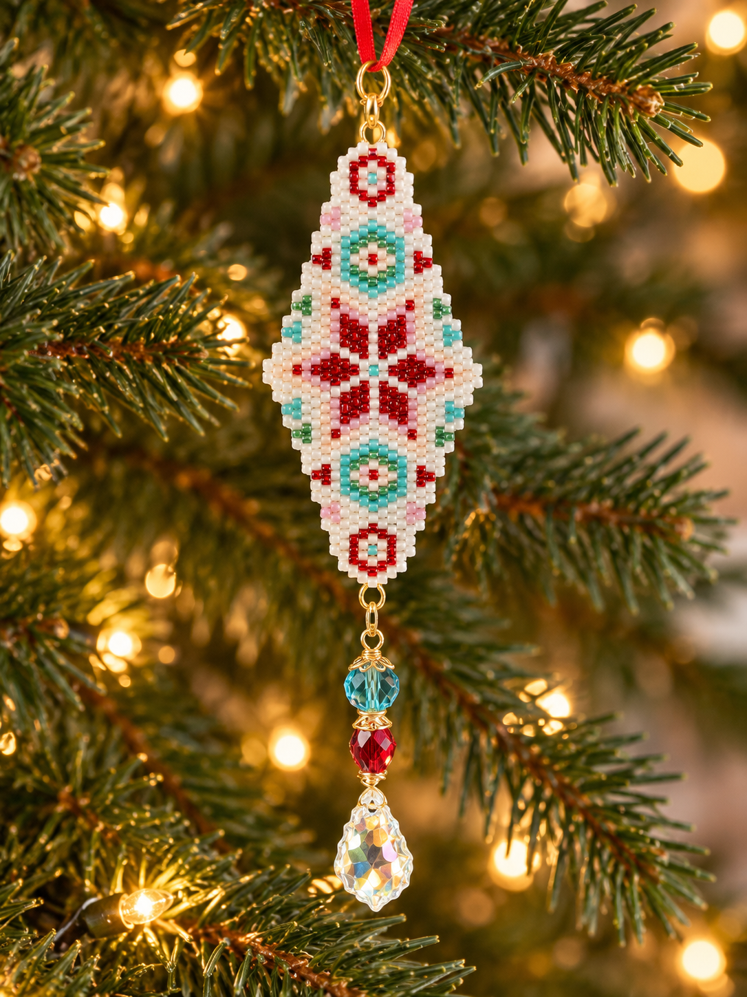 Hand-Beaded Holiday Ornament with Crystal Drop