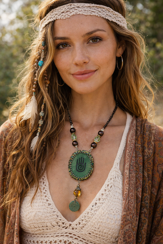 Spirit Hand Malachite Bead Embroidered Pendant Necklace