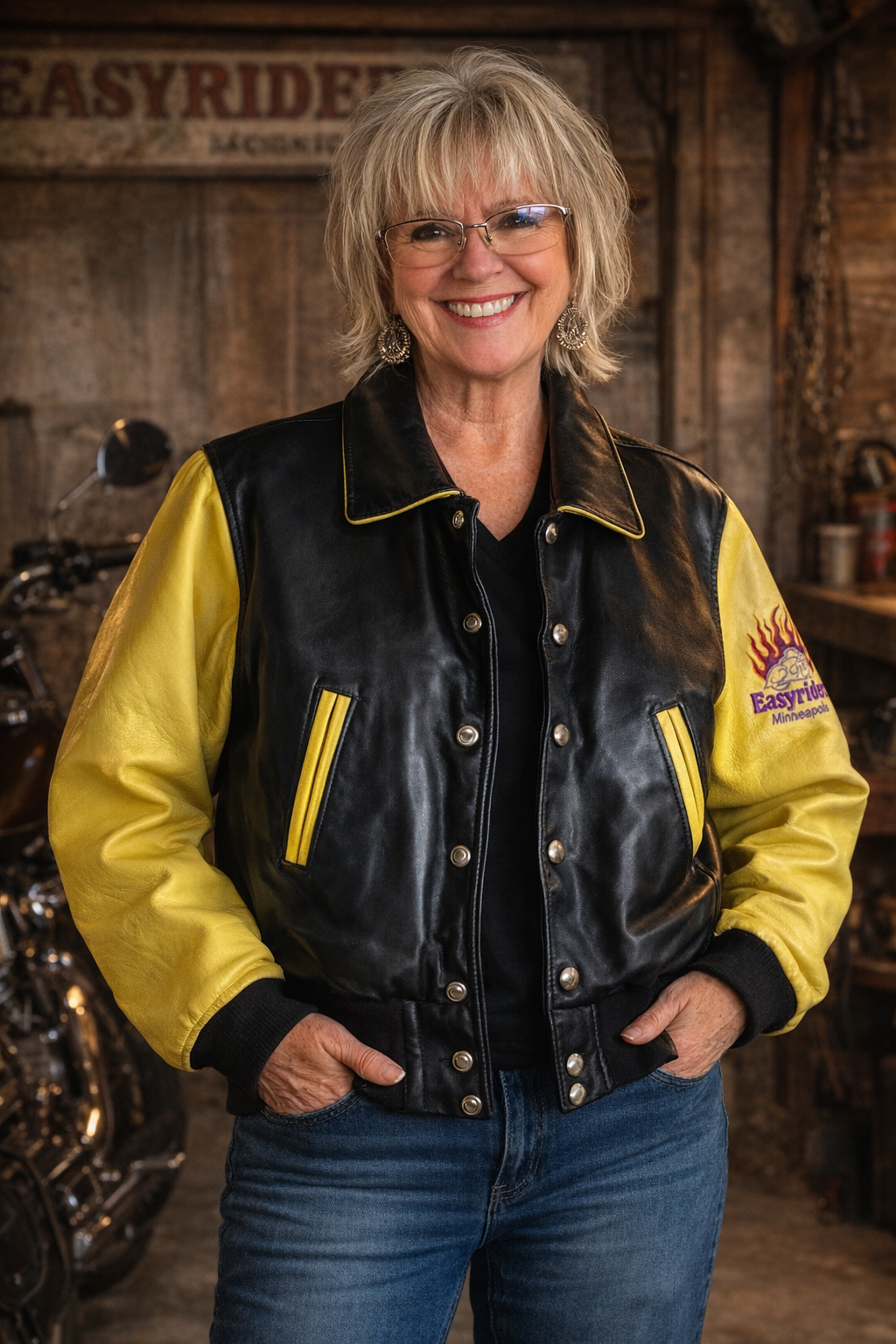 Easyriders Leather Jacket – Black & Yellow Vintage Motorcycle Style (Route 66 Lining)