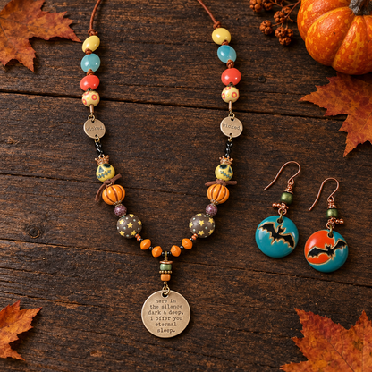 Halloween Skull & Pumpkin Necklace Set with Bat Earrings, 22 Inch