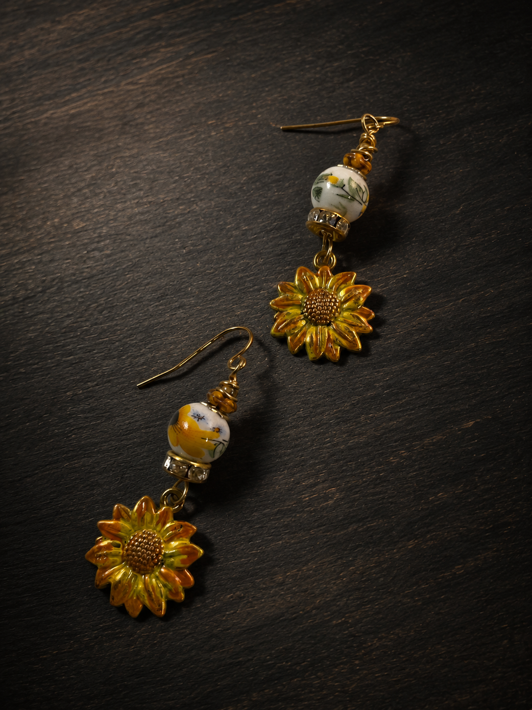 Handmade Sunflower Earrings with Floral Ceramic Beads | Gold Dangle Earrings | Boho Floral Jewelry