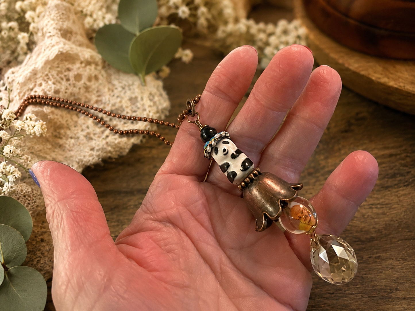 Ceramic Panda Necklace 32 Inch Copper Ball Chain with Crystal Drop Pendant