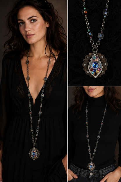 Swarovski Crystal Evil Eye Long Statement Necklace – Antique Bronze Mixed Metal Jewelry