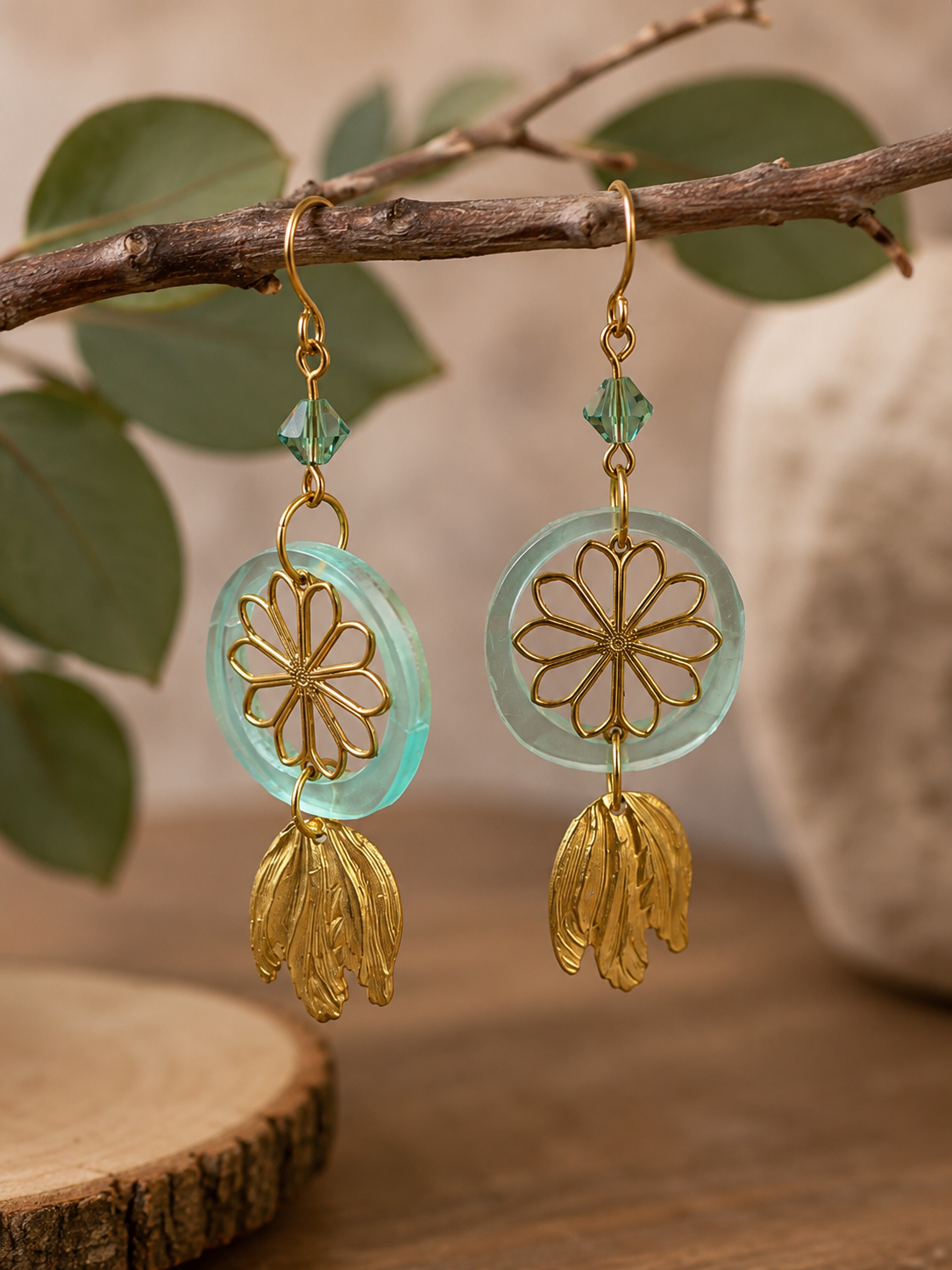 Mint Green Resin Floral Dangle Earrings | Gold Mixed Metal & Vintage Crystal Earrings