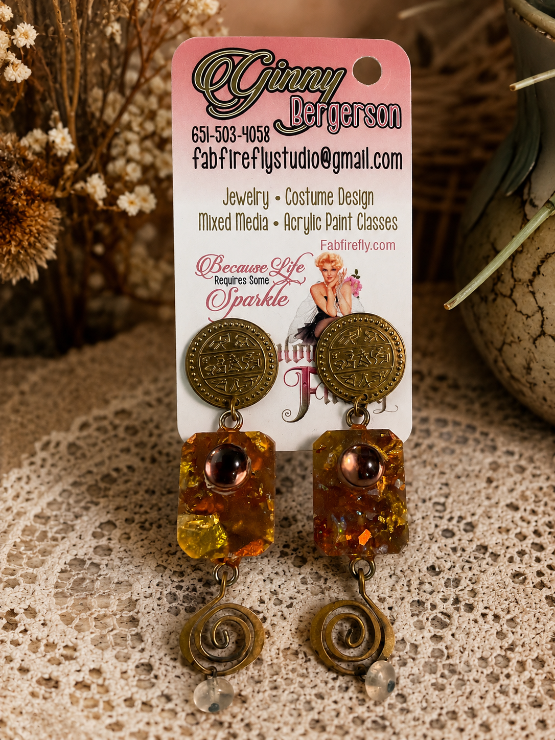 Mixed Metal Resin Dangle Earrings with Multicolor Beads and Spiral Charms