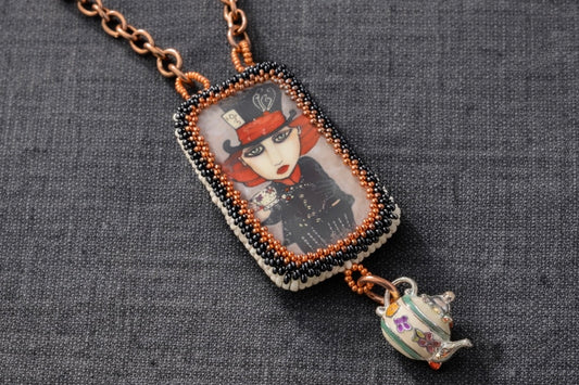 Mad Hatter Tea Party Beaded Necklace – Hand-Embroidered Whimsical Statement (17”)