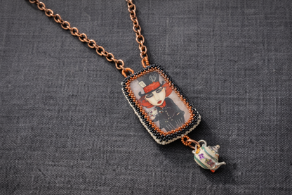 Mad Hatter Tea Party Beaded Necklace – Hand-Embroidered Whimsical Statement (17”)