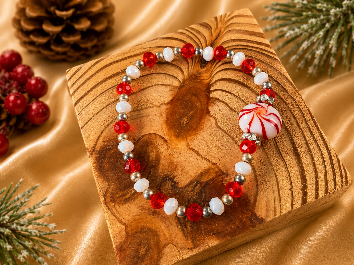 Handmade Christmas Stretch Bracelet with Peppermint Beads, Crystals & Holiday Charms