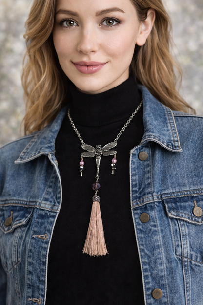 Blush Dragonfly Tassel Necklace – Silver Fairy Pendant with Crystal Accents