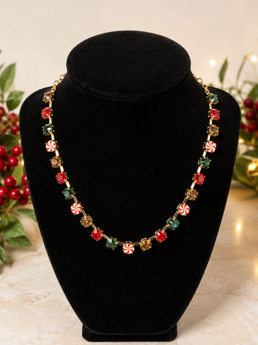 Handmade Christmas Crystal Necklace with Peppermint Candy Beads – Adjustable 16–20”