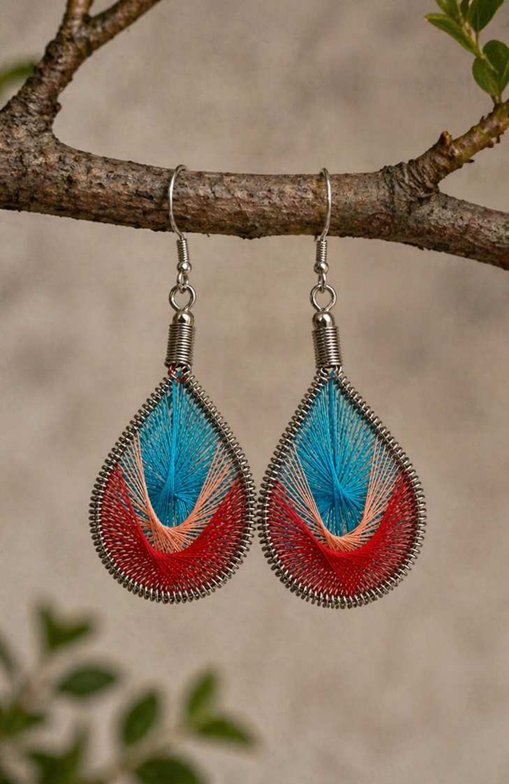 Color Pop Thread Teardrop Earrings – Boho String Art Dangles in Turquoise & Coral