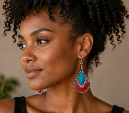 Color Pop Thread Teardrop Earrings – Boho String Art Dangles in Turquoise & Coral