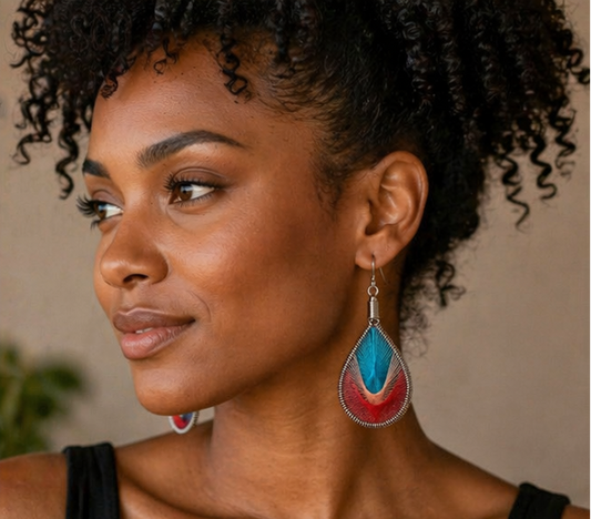 Color Pop Thread Teardrop Earrings – Boho String Art Dangles in Turquoise & Coral